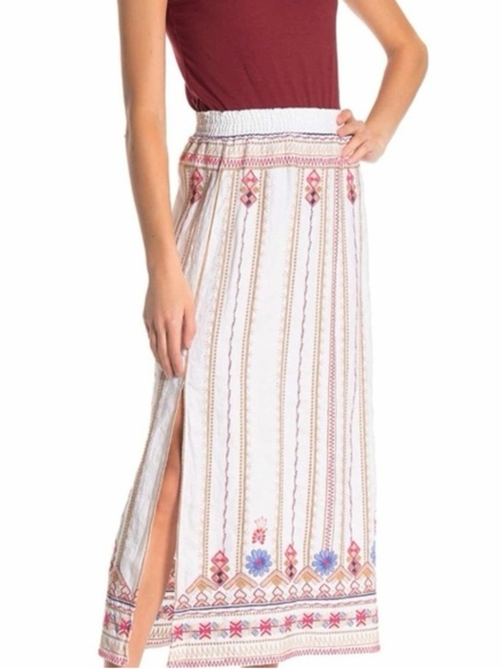 Johnny Was Embroidered White Maxi Skirt with Side Slit